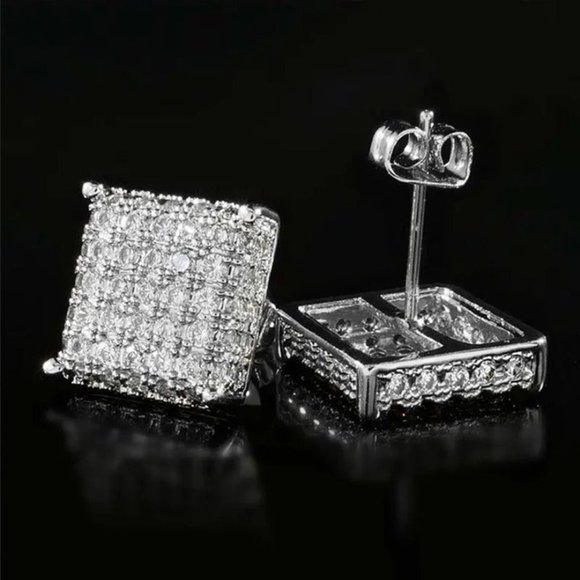 2ct Diamond Platinum Mens Earrings Guys Square Studs 925 Silver Jewelry 2 ct NEW